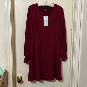 V Neck Long Sleeve Sweater Dress Latern Sleeve Knit Flowy Short Mini Skater S